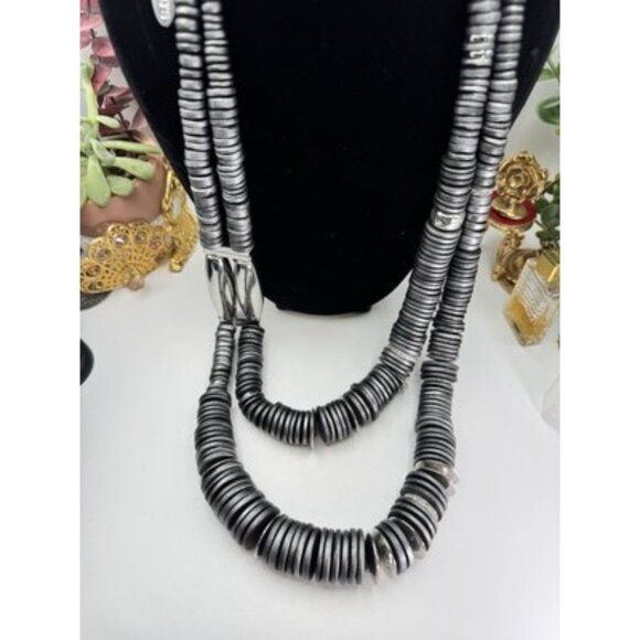 Chicos Chunky Metallic Gray SilverTone Disk Rhinestone Statement LayeredNecklace - Picture 2 of 9